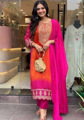 Pink Printed Viscose Kurta Set