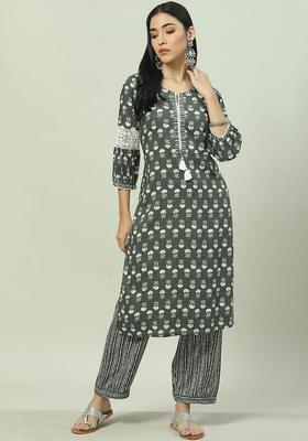 Olive Printed Viscose Kurta Set
