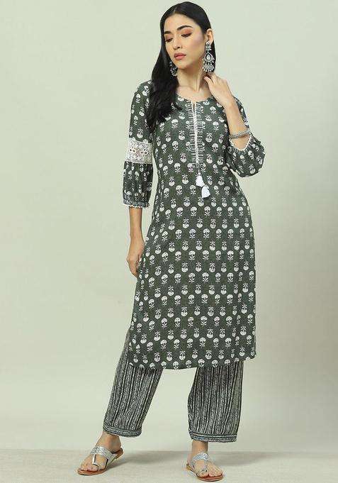Olive Printed Viscose Kurta Set