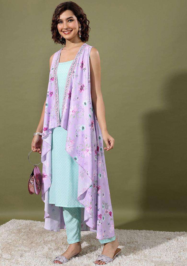 Sea Green Printed Polyester Kurta Set - Indya