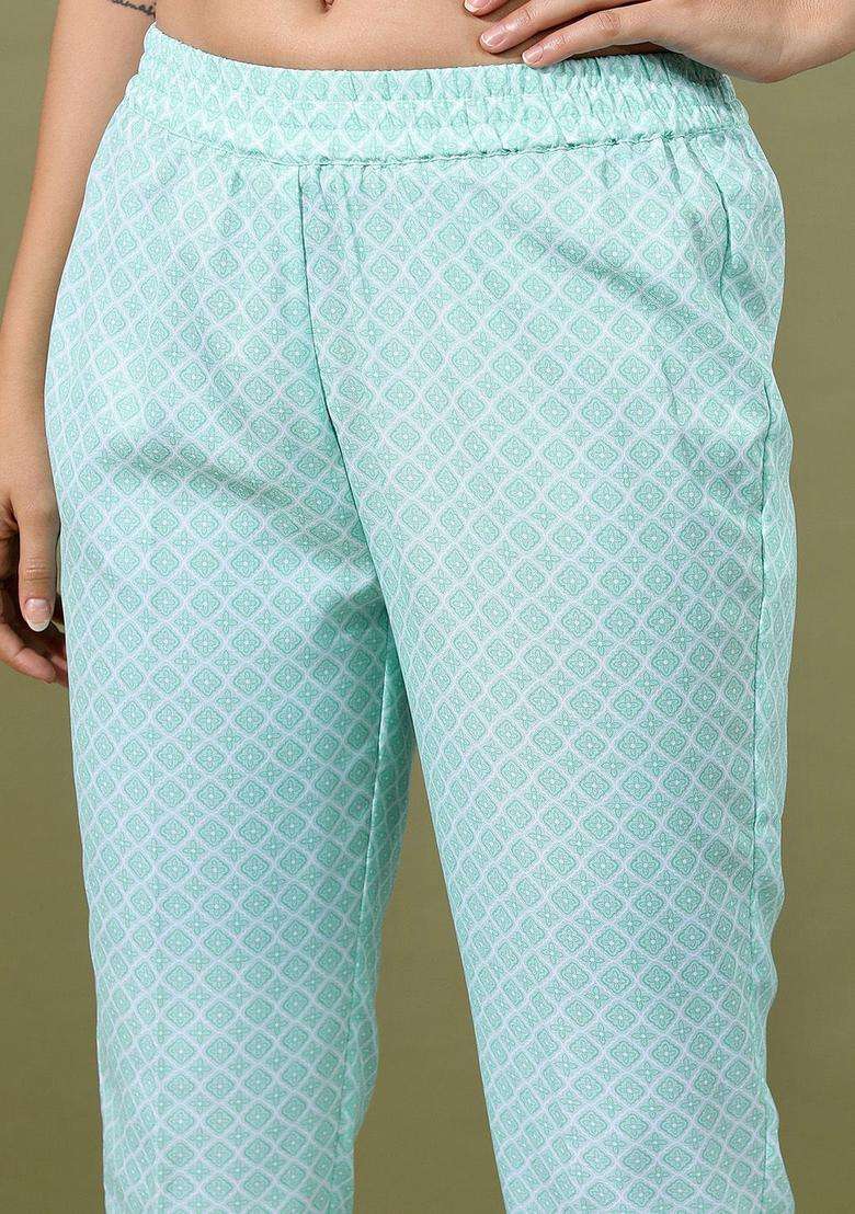 Sea Green Printed Polyester Kurta Set - Indya