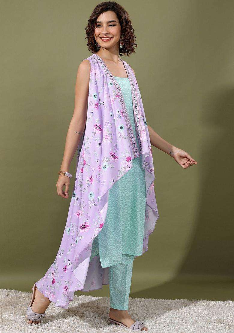 Sea Green Printed Polyester Kurta Set - Indya