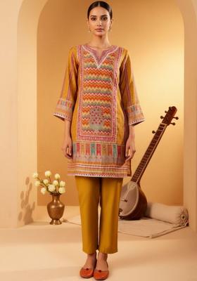 Yellow Printed Silk Blend Kurta Set