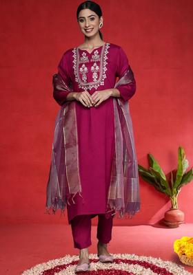 Magenta Embroidered Viscose Kurta Set