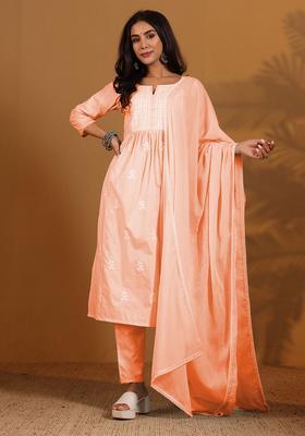 Peach Embroidered Cotton Kurta Set