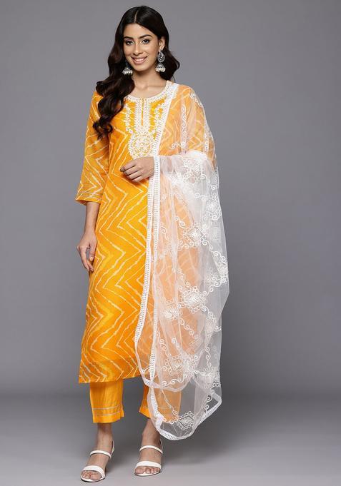 Yellow Printed Cotton Kurta Set — view on Indya