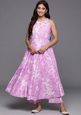 Lavender Printed Cotton Anarkali Set