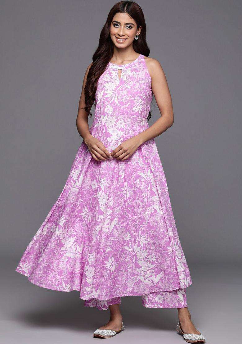 Lavender Printed Cotton Anarkali Set - Indya