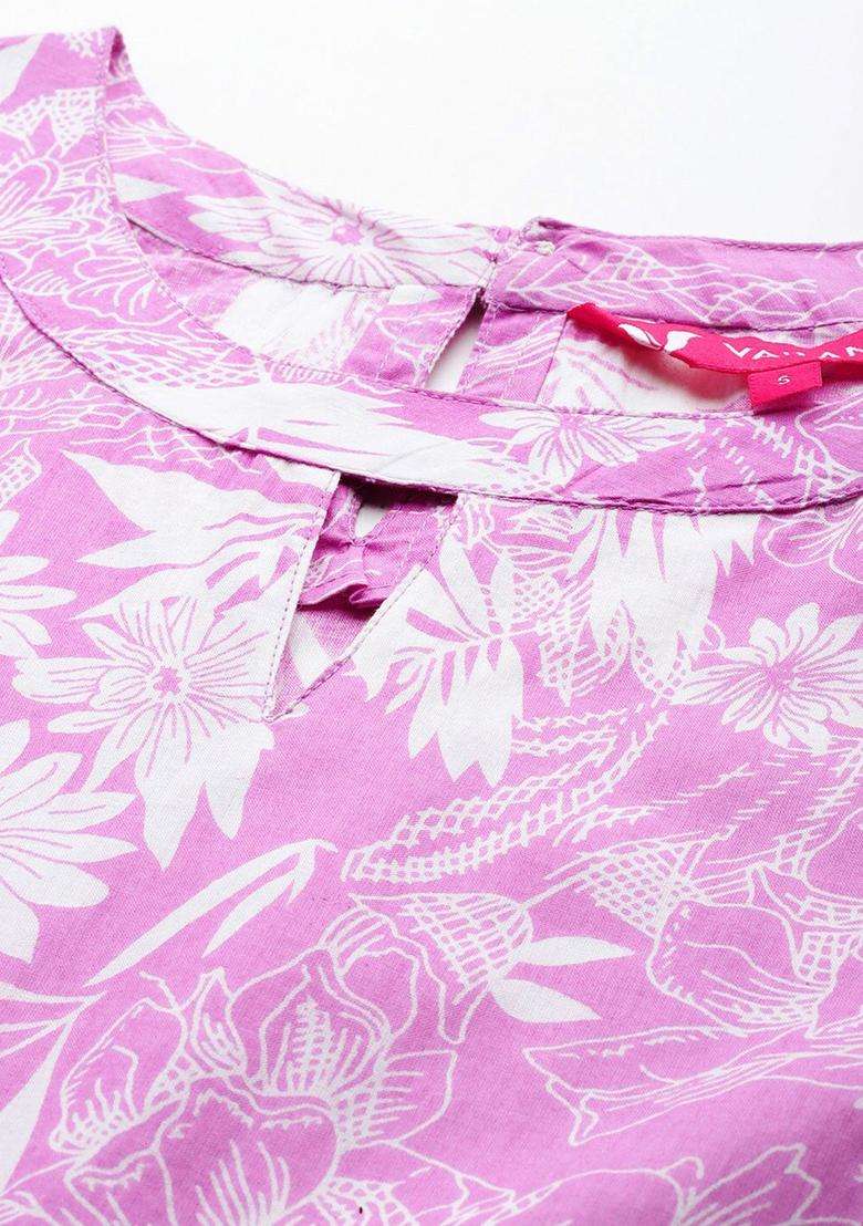 Lavender Printed Cotton Anarkali Set - Indya