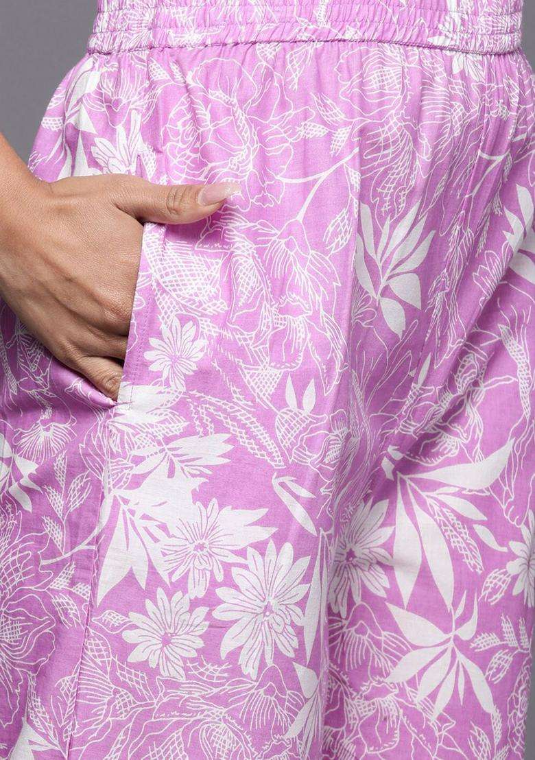 Lavender Printed Cotton Anarkali Set - Indya