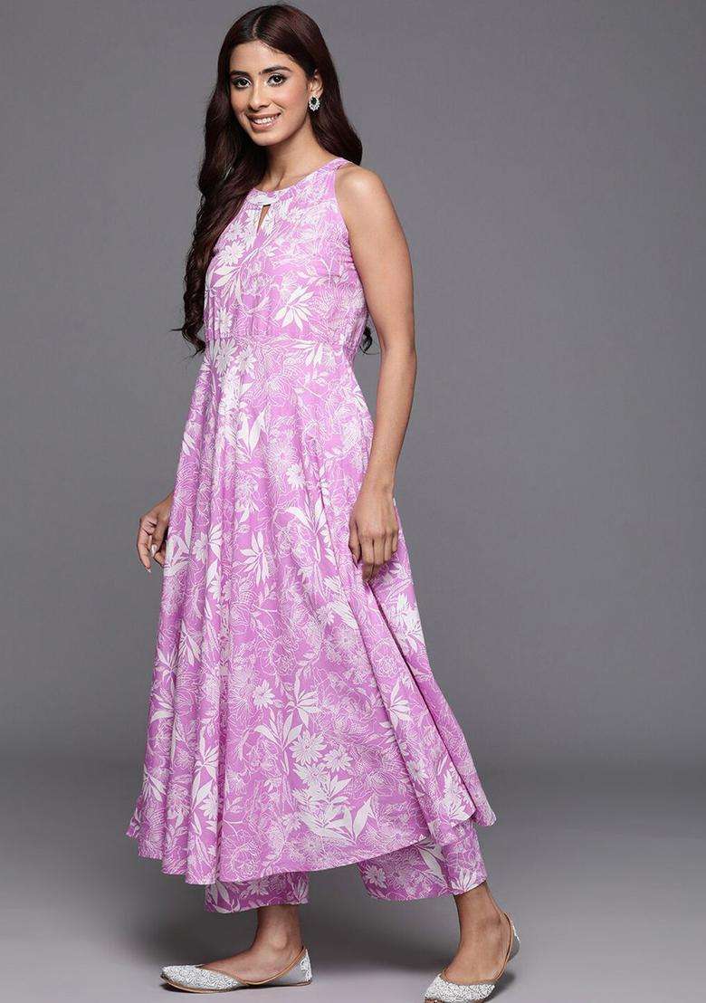 Lavender Printed Cotton Anarkali Set - Indya