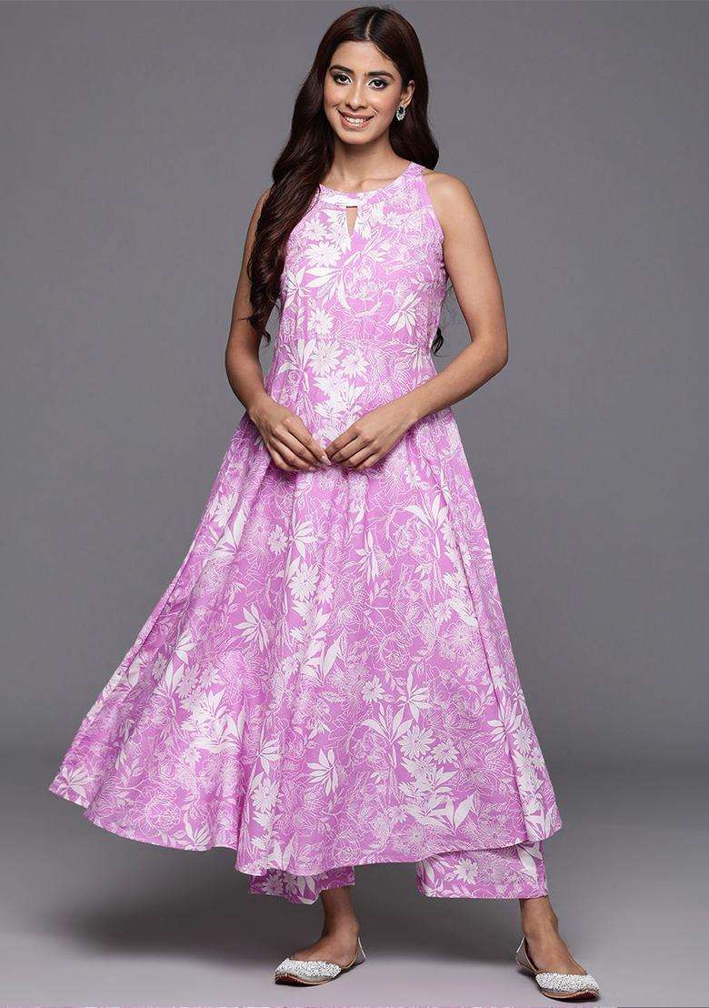 Lavender Printed Cotton Anarkali Set - Indya