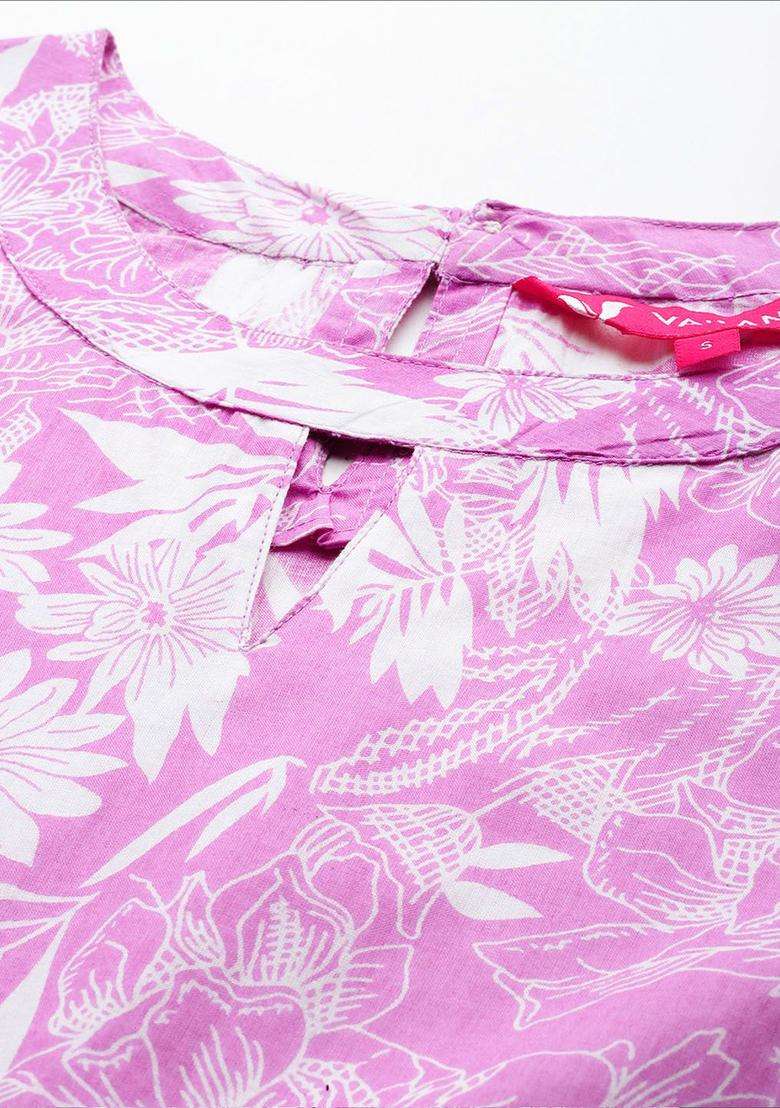Lavender Printed Cotton Anarkali Set - Indya