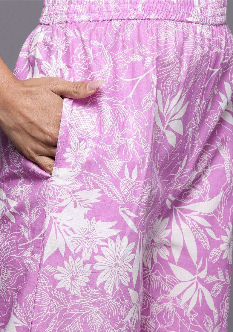 Lavender Printed Cotton Anarkali Set - Indya