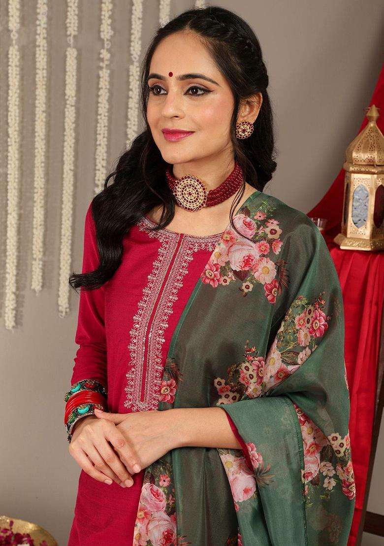 Magenta Solid Silk Blend Kurta Set - Indya