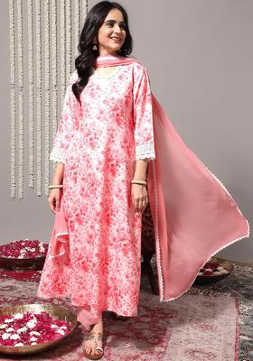 Peach Printed Viscose Kurta Set