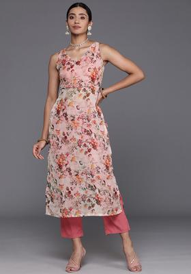 Beige Printed Silk Blend Kurta Set