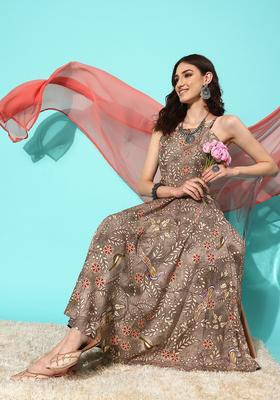 Brown Printed Cotton Kurta Set