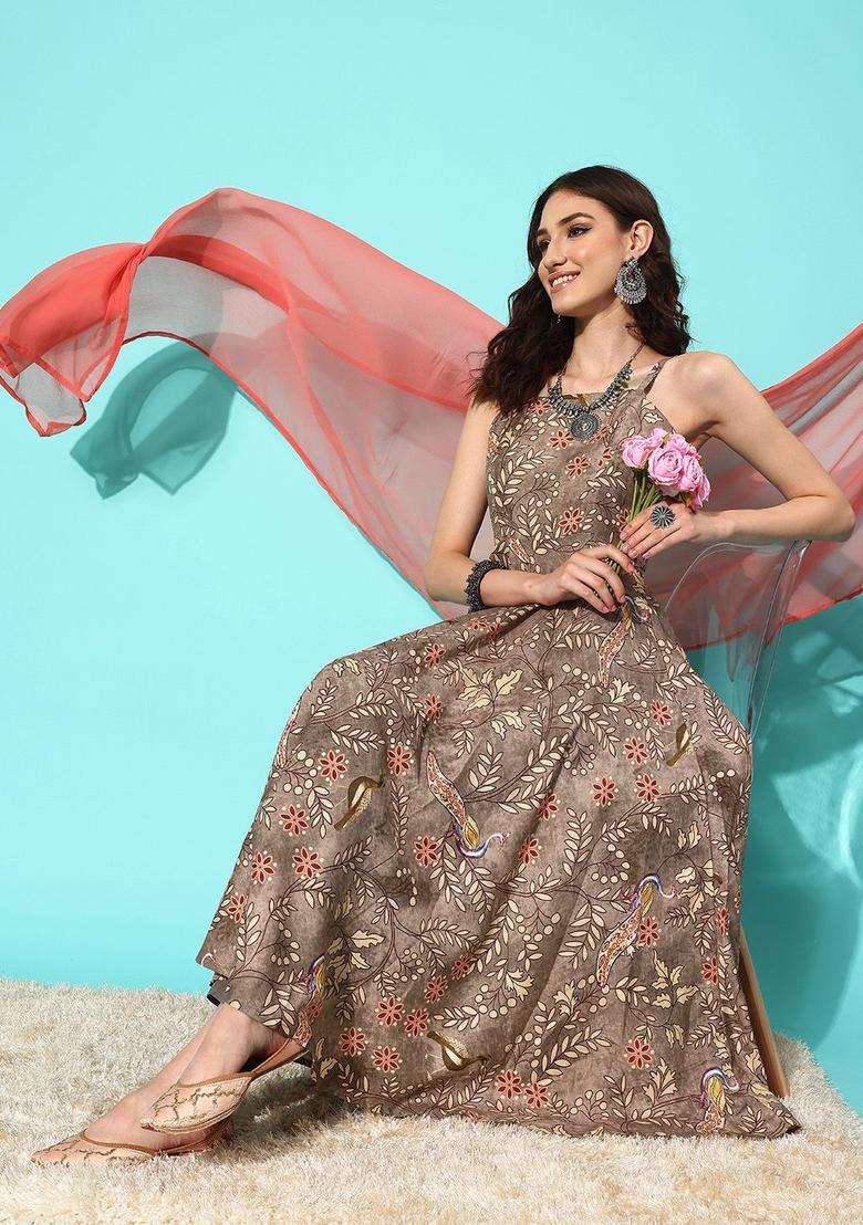 Brown Printed Cotton Kurta Set - Indya