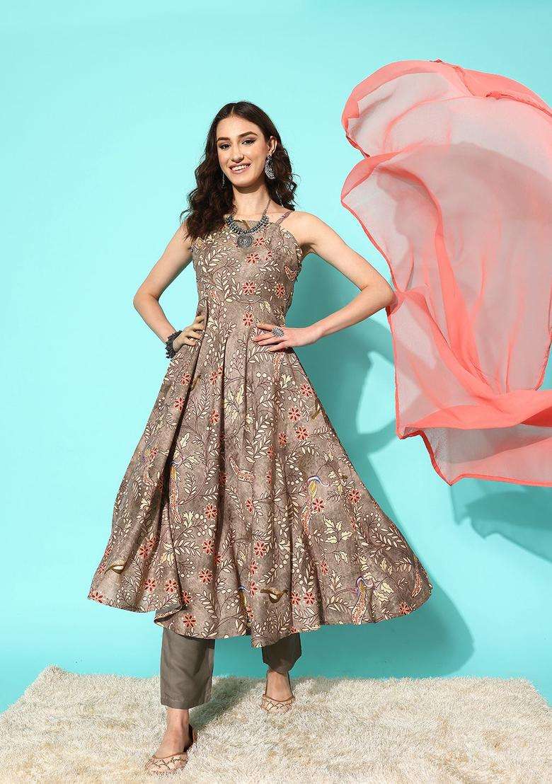 Brown Printed Cotton Kurta Set - Indya