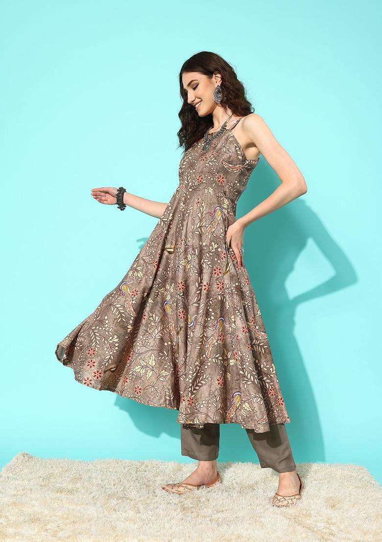 Brown Printed Cotton Kurta Set - Indya