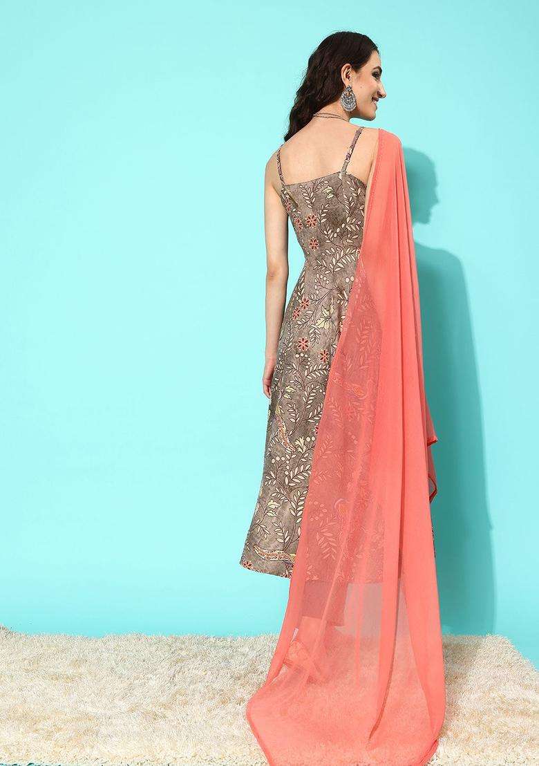 Brown Printed Cotton Kurta Set - Indya