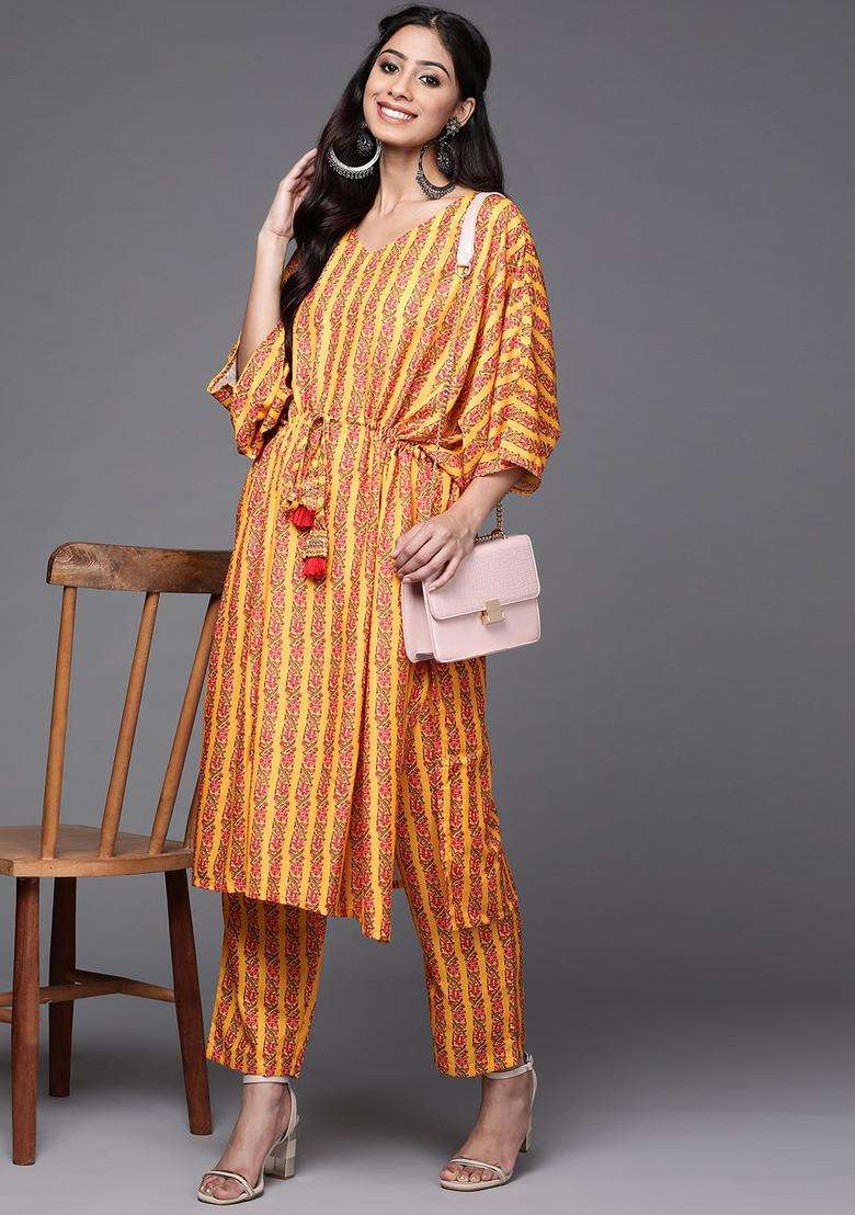 Mustard Printed Cotton Kurta Set - Indya