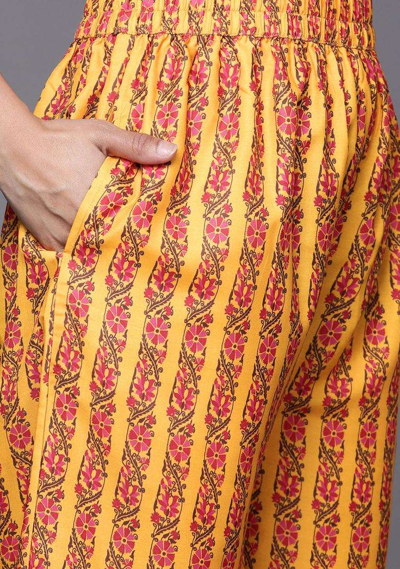 Mustard Printed Cotton Kurta Set - Indya
