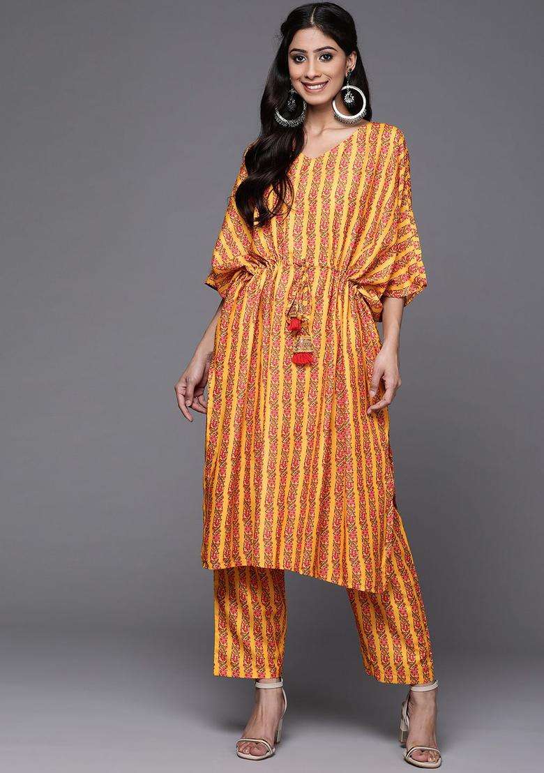 Mustard Printed Cotton Kurta Set - Indya