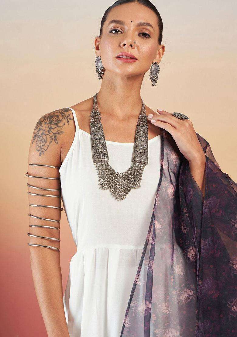 White Solid Viscose Kurta Set - Indya