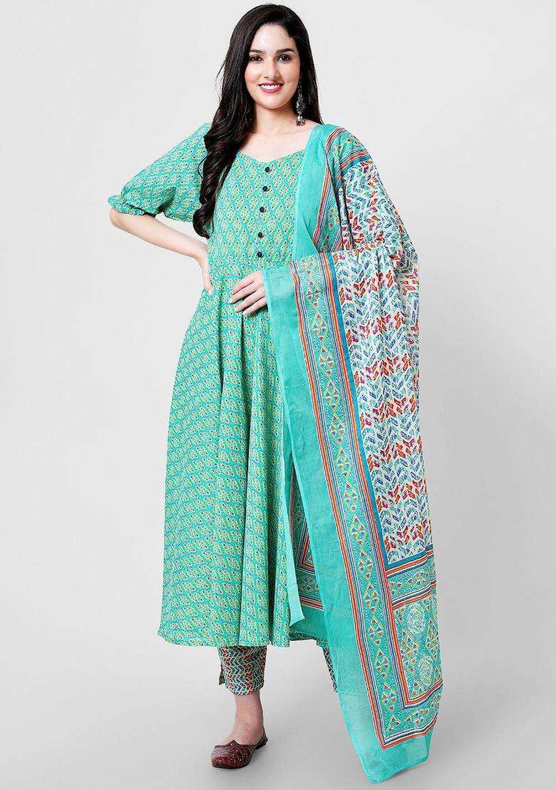 Sea Green Printed Cotton Anarkali Set - Indya