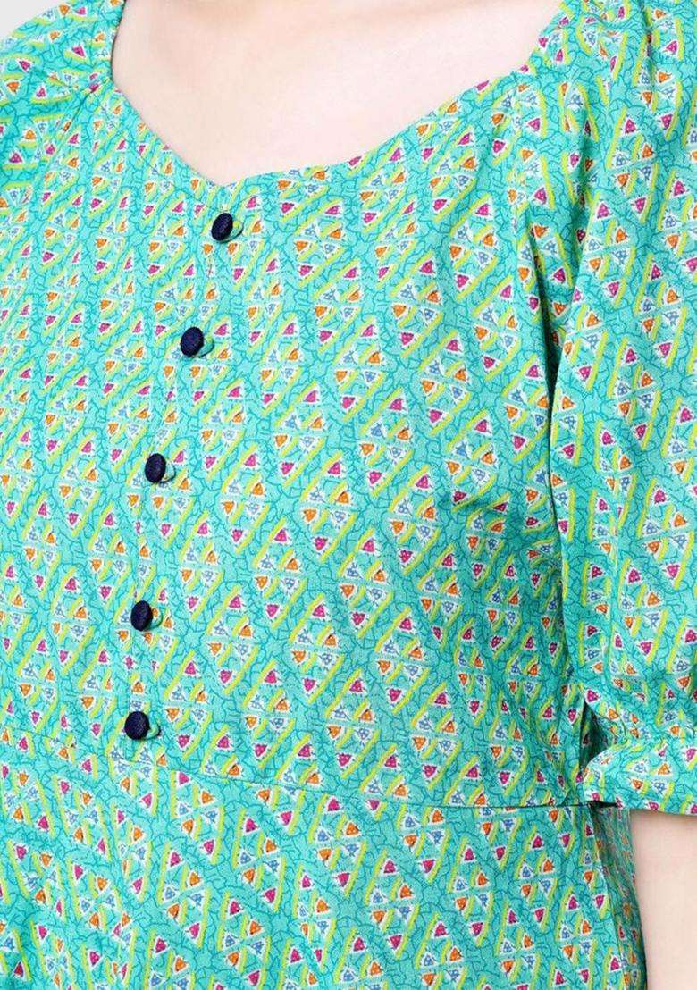Sea Green Printed Cotton Anarkali Set - Indya