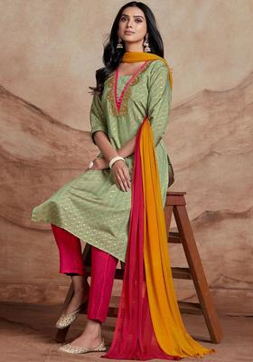 Green Printed Silk Kurta Set