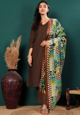 Brown Solid Cotton Kurta Set