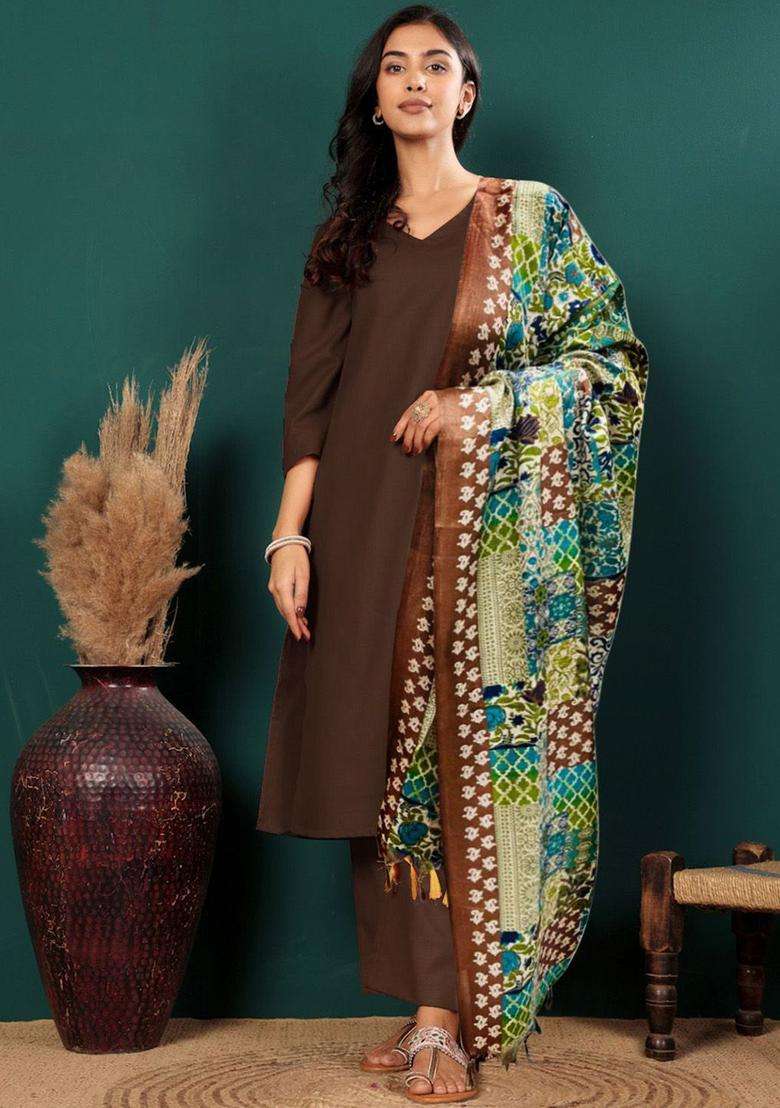 Brown Solid Cotton Kurta Set - Indya
