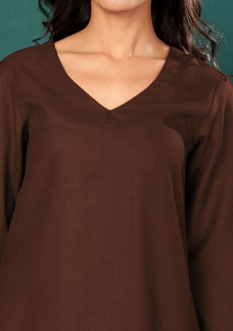 Brown Solid Cotton Kurta Set - Indya