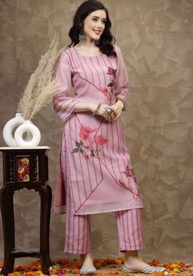 Pink Printed Silk Blend Kurta Set