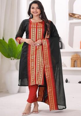 Black Woven Design Cotton Kurta Set