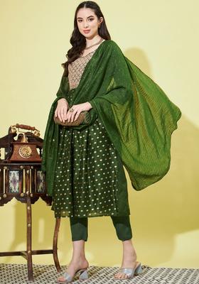 Green Printed Silk Kurta Set