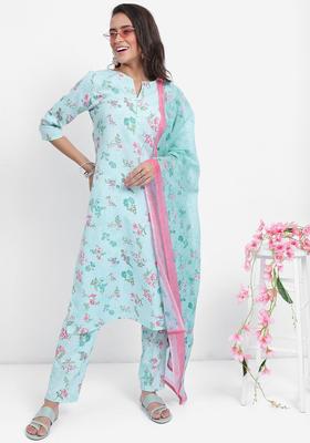 Blue Printed Polyester Kurta Set