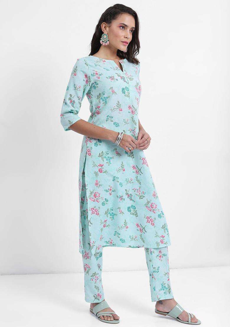 Blue Printed Polyester Kurta Set - Indya