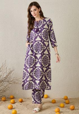 Purple Printed Viscose Kurta Set