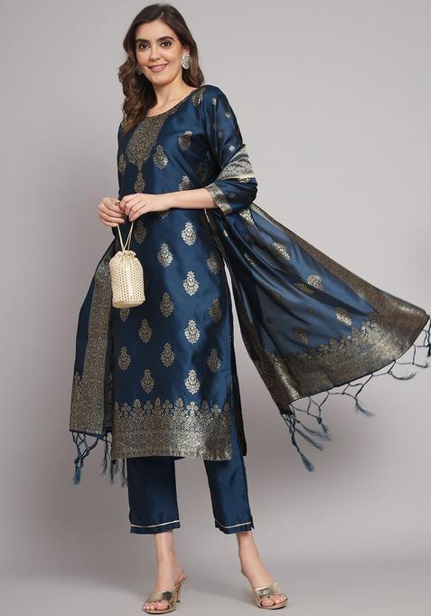 Blue Woven Design Cotton Kurta Set — view on Indya