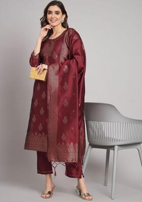 Maroon Woven Design Silk Blend Kurta Set
