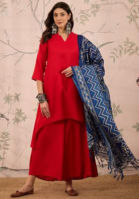 Red Solid Viscose Kurta Set