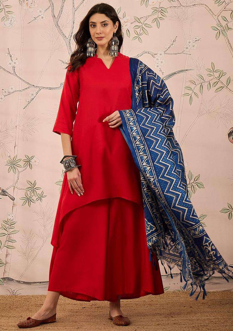Red Solid Viscose Kurta Set - Indya