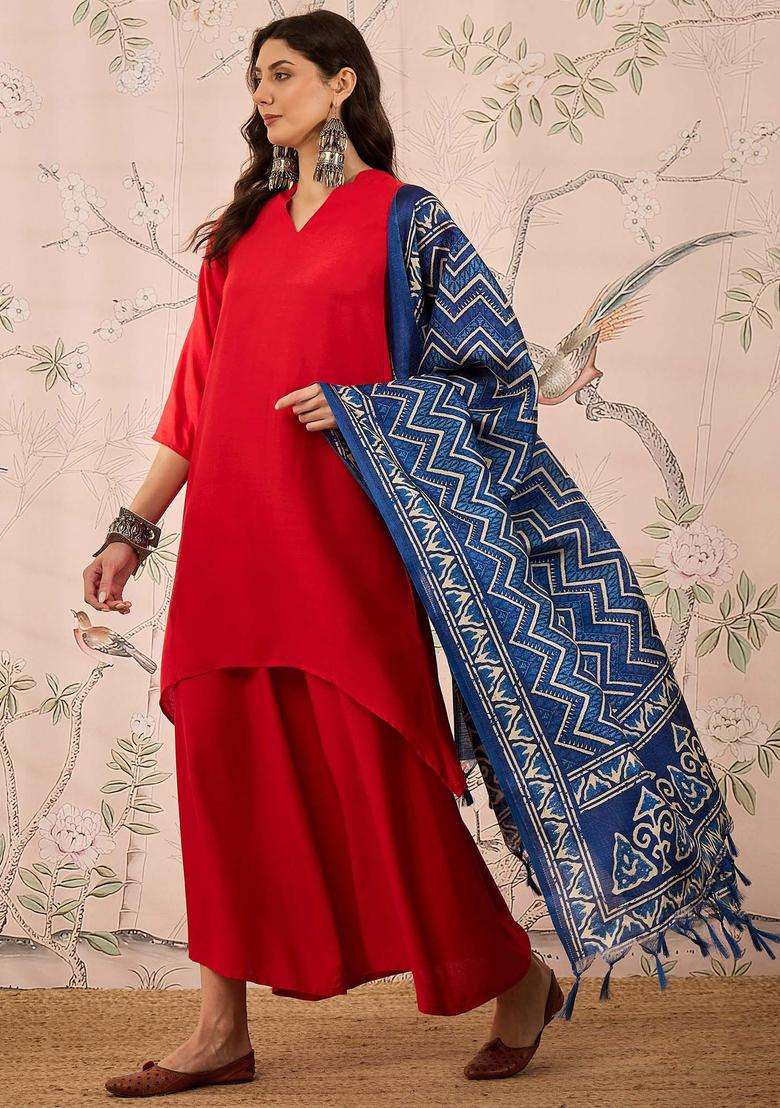 Red Solid Viscose Kurta Set - Indya