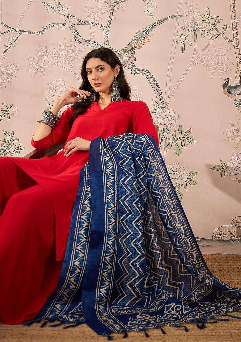 Red Solid Viscose Kurta Set - Indya