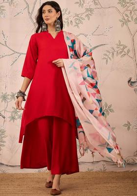 Red Solid Viscose Kurta Set