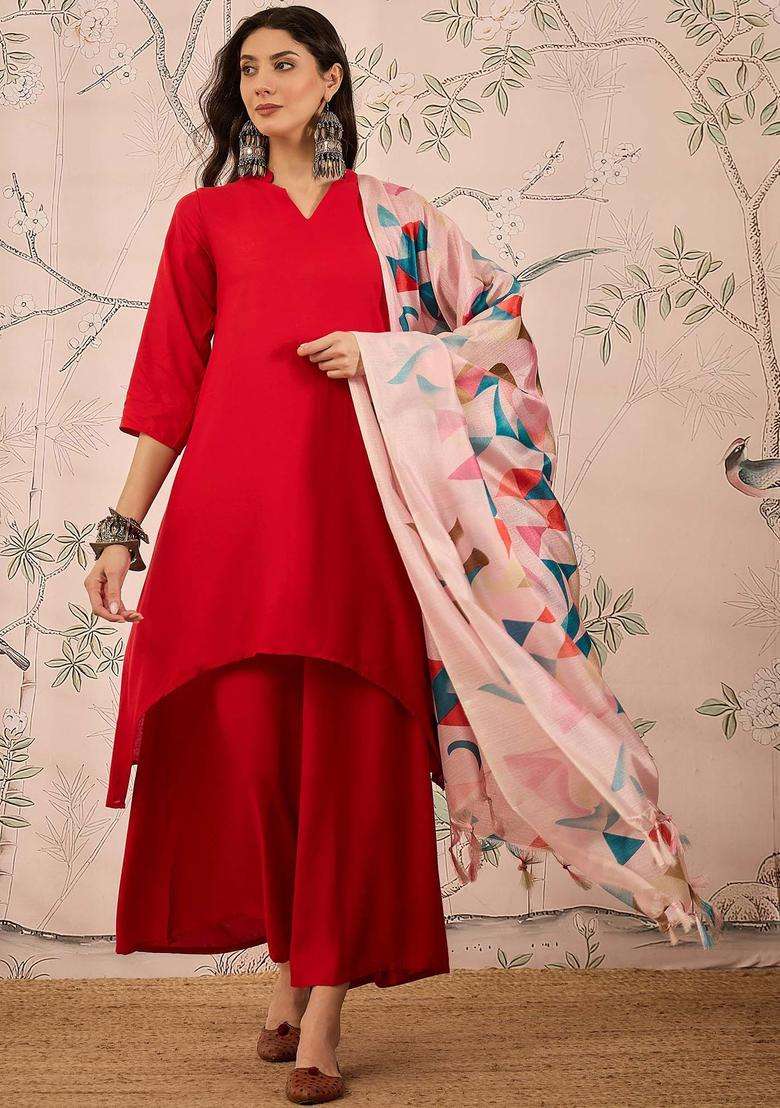 Red Solid Viscose Kurta Set - Indya